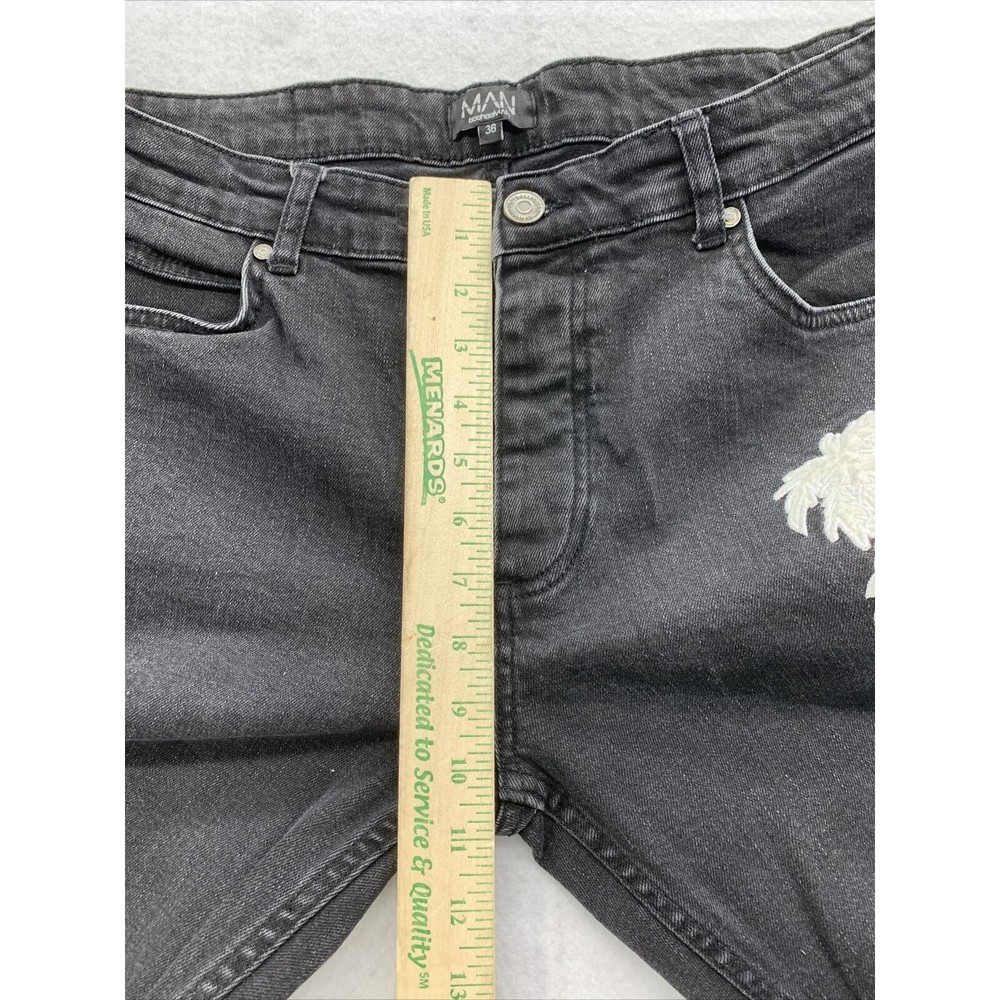 BooHoo MAN Denim Jeans Button Fly Embroidered Black Mens Size 36 Regular - Picture 7 of 14